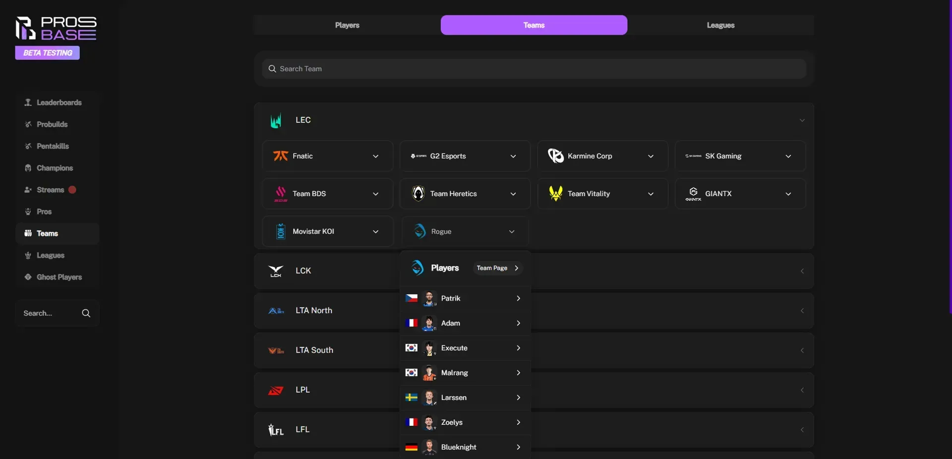 Prosbase Teams and Leagues