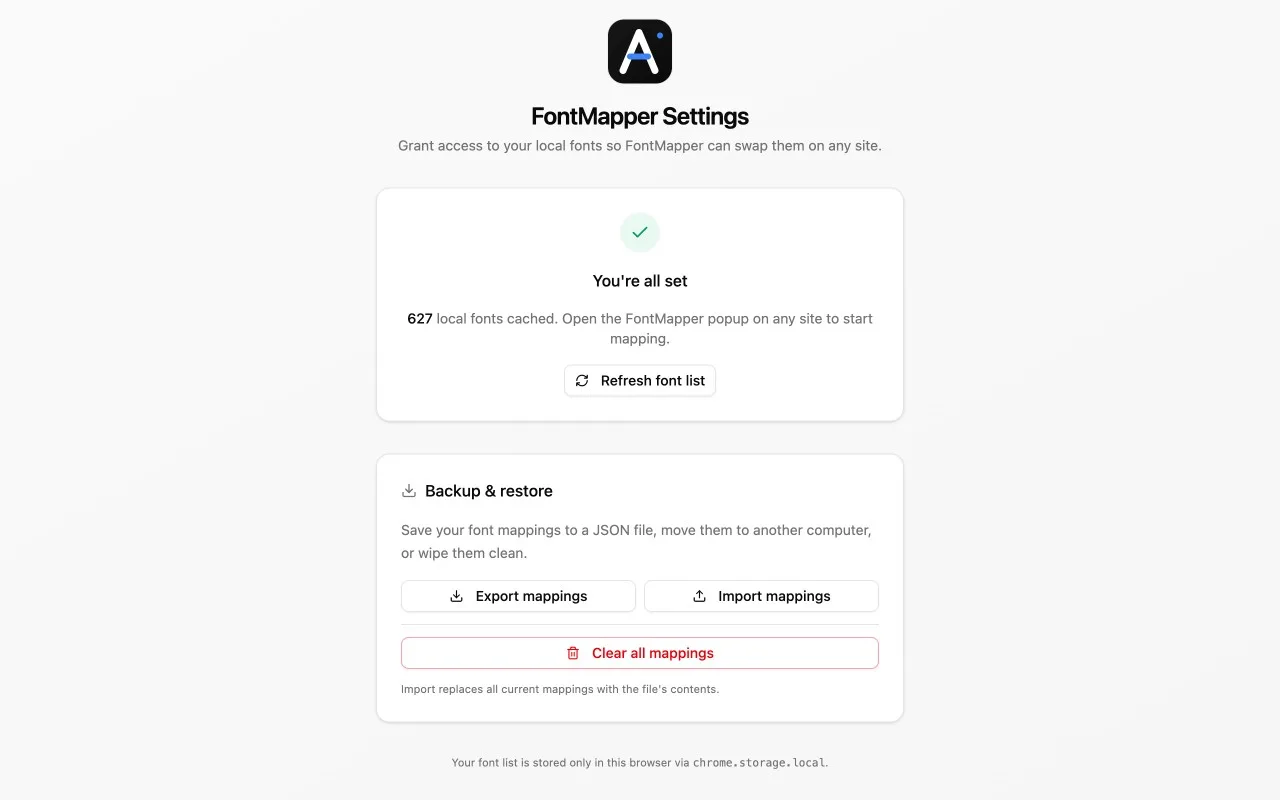 FontMapper options page with typography controls and backup tools