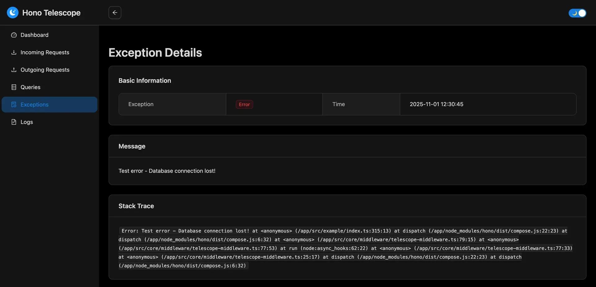 Hono Telescope Exception Inspector