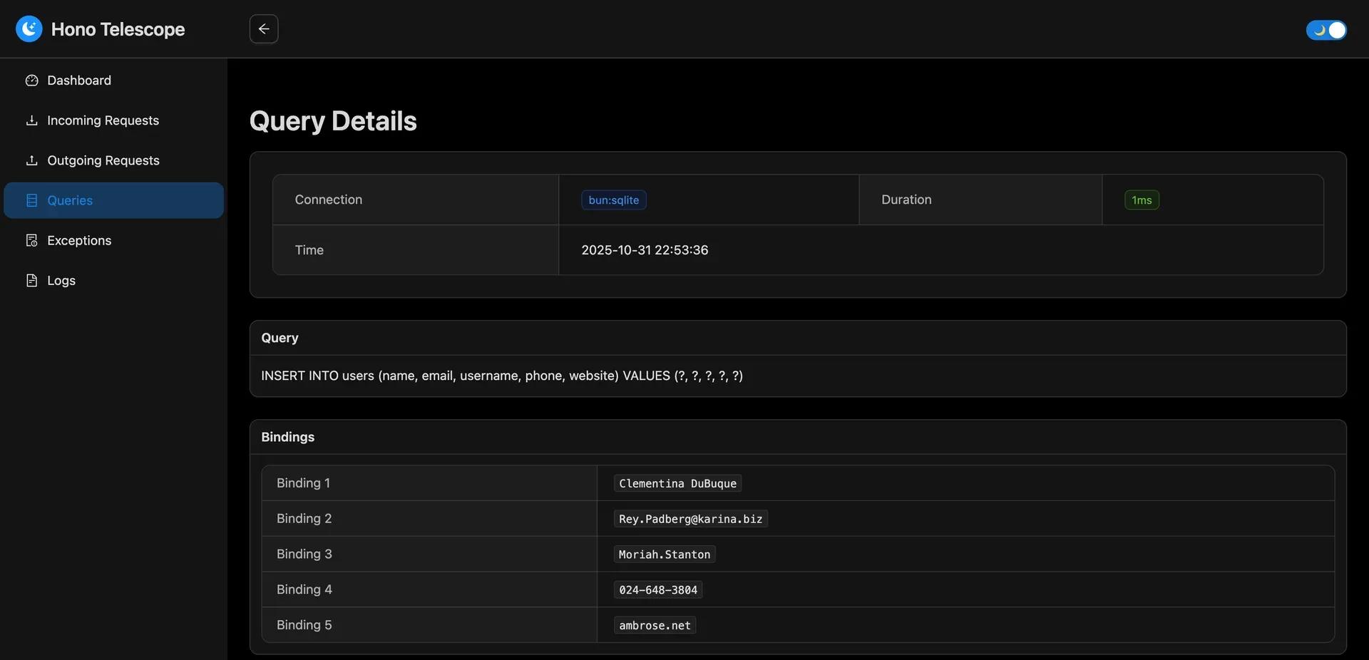 Hono Telescope Query Inspector