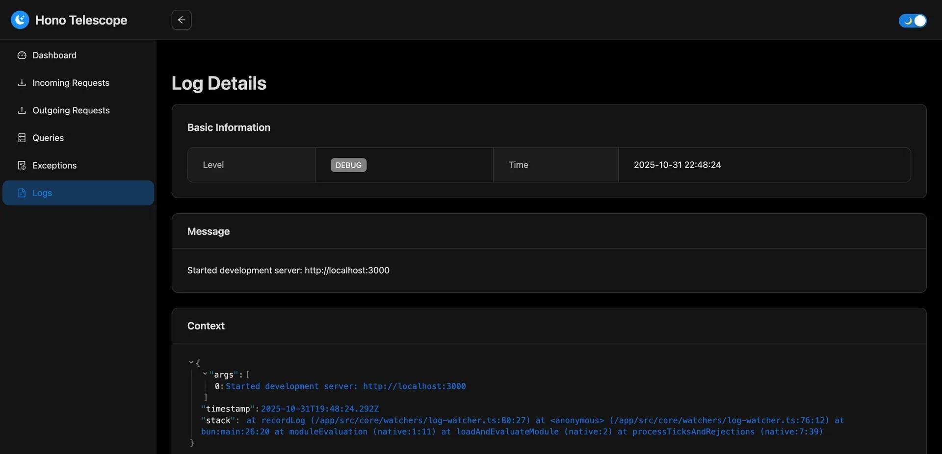 Hono Telescope Logged Console Output